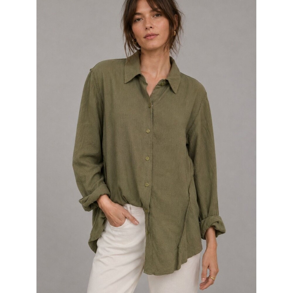 NWT Hem & Thread Olive Green Linen Blend Oversized Button Up Shirt Large Boho